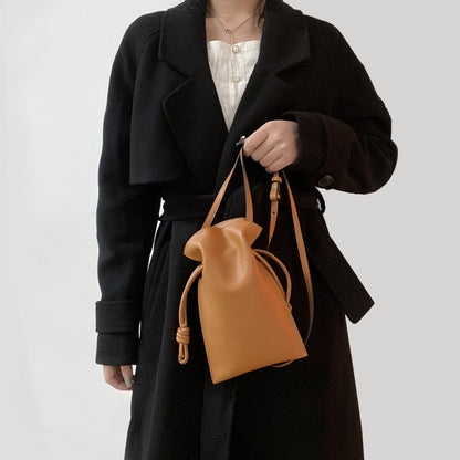 Drawstring Leather Pouch Bucket Bag