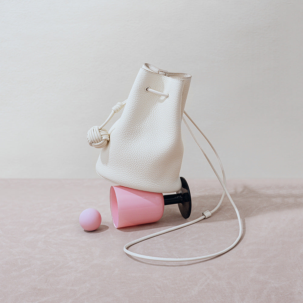 Drawstring Cowhide Bucket Bag