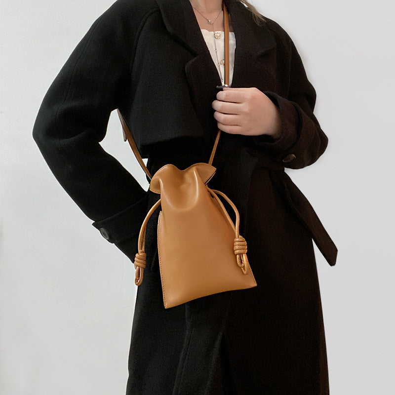 Drawstring Leather Pouch Bucket Bag