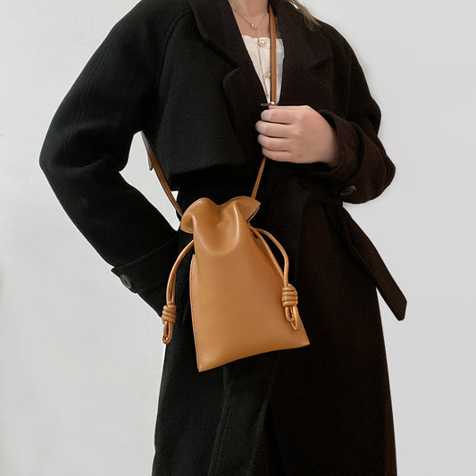 Drawstring Leather Pouch Bucket Bag
