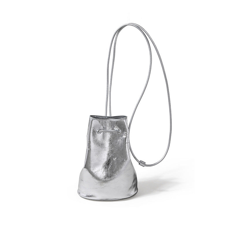 Drawstring Cowhide Bucket Bag