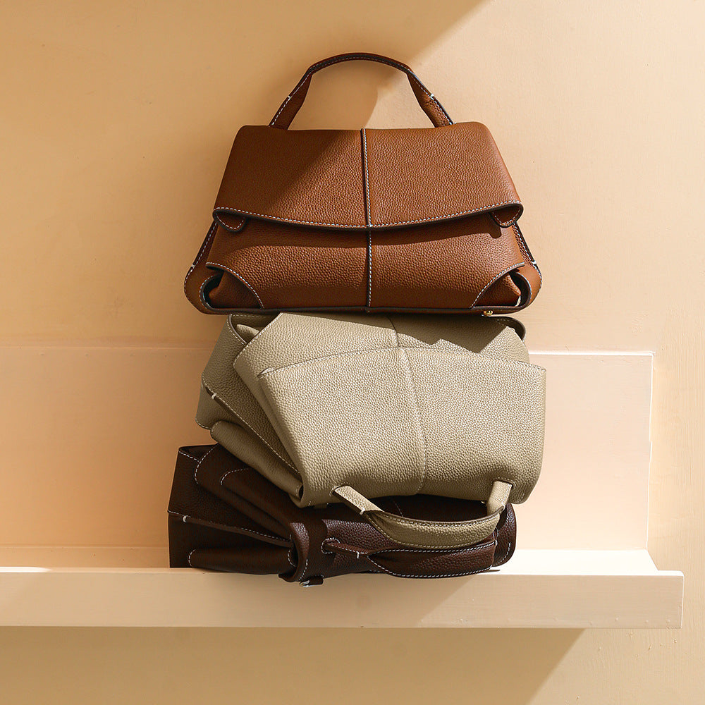 Push-Lock Leather Handbag