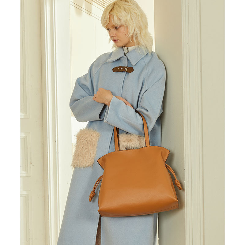 Pleated Leather Drawstring Tote