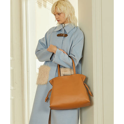 Pleated Leather Drawstring Tote