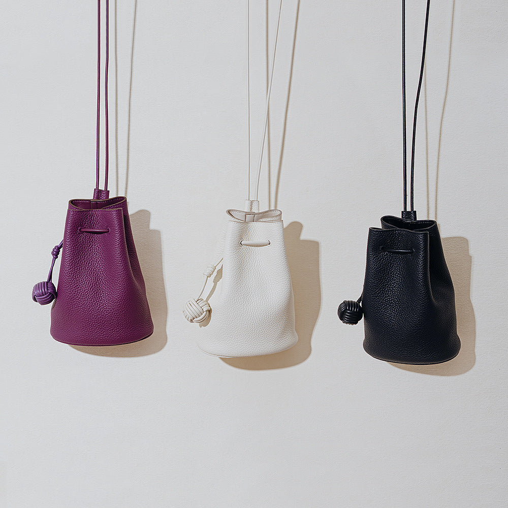 Drawstring Cowhide Bucket Bag